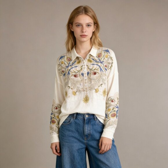 Johnny Was Tops - NWOT Johnny Was Biya Embroidered Floral Silk Button-Down Shirt Blouse Sz S